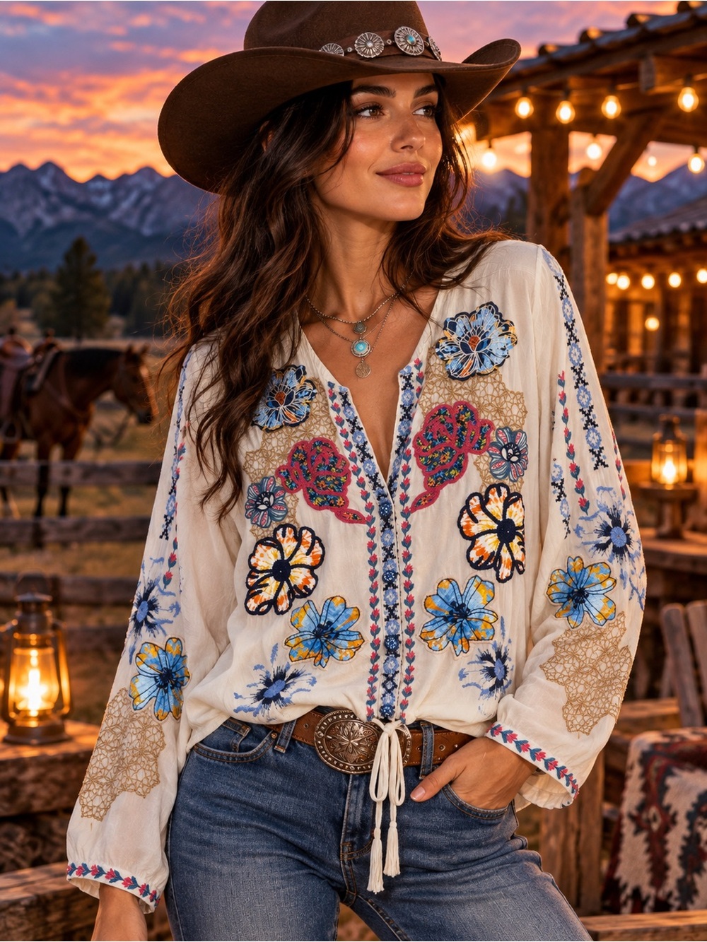 Johnny Was Ivory Floral Embroidered Boho Blouse Tunic Western Cottagecor